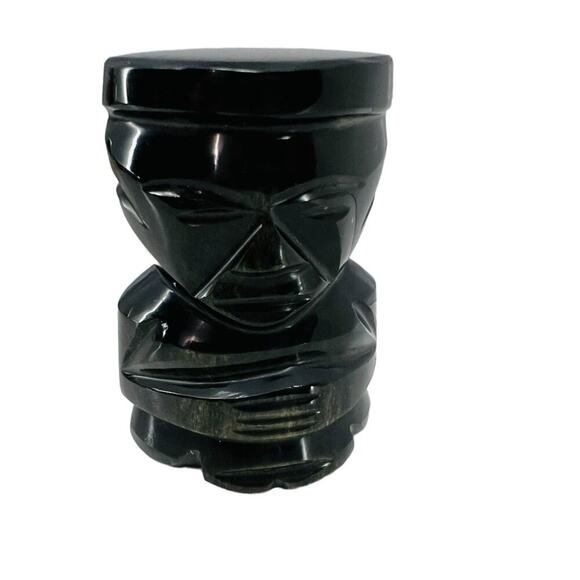 Black Onyx Obsidian Carved Statue Aztec Mayan Stone Figurines Tiki Idol - Picture 1 of 7